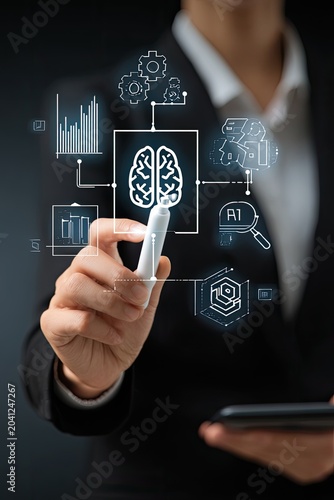 Business professional interacting with artificial intelligence interface and data visualization.