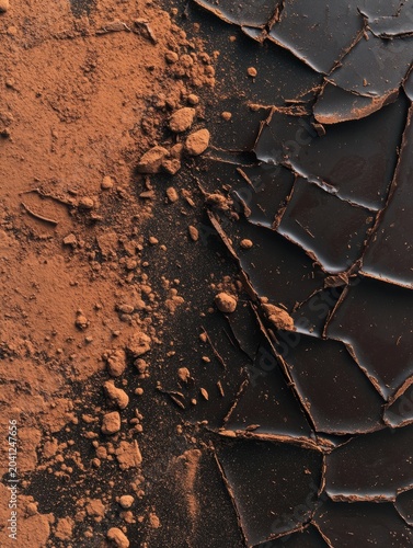 Rich dark chocolate and cocoa powder create a beautiful contrast in texture on a dark background for culinary delight