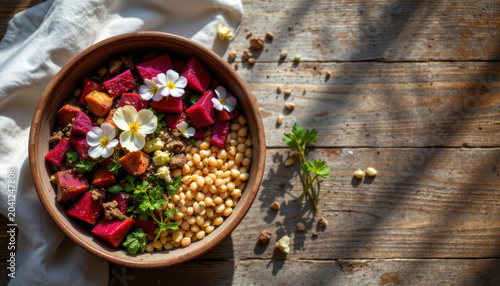 Colorful healthy vegan bowl with chickpea, roasted vegetables, fresh herbs, and edible flowers on wooden table in natural light