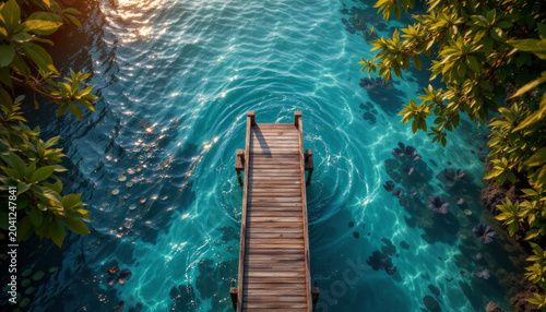 Wooden pier extends over clear blue water surrounded by green leaves and sunlight reflections creating peaceful natural scene