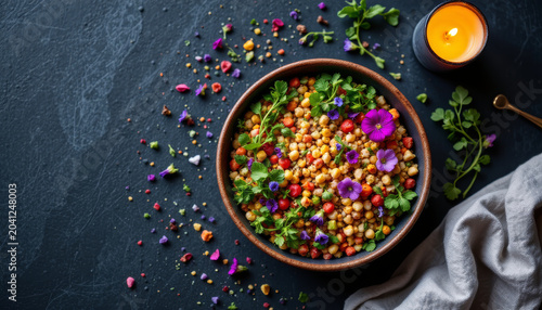 Chickpea salad with fresh herbs and edible flowers in bowl on dark surface with candlelight creating cozy atmosphere