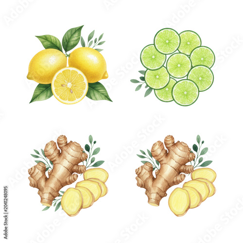 Highly detailed watercolor botanical illustration of vibrant yellow lemons, emerald green limes, and ginger root, on a transparent background with copy space, flat lay, organic health concept