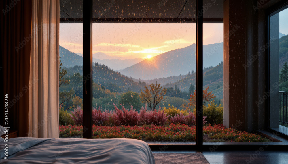 Fototapeta premium Sunrise mountain view from bedroom window with colorful autumn plants and soft natural light creating peaceful atmosphere