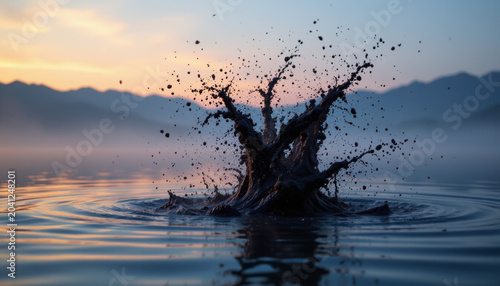 Splash of water with droplets flying in air during blue hour at dawn with mountain silhouette and calm lake surface