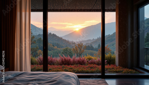 Sunrise mountain view from bedroom window with colorful autumn plants and soft natural light creating peaceful atmosphere