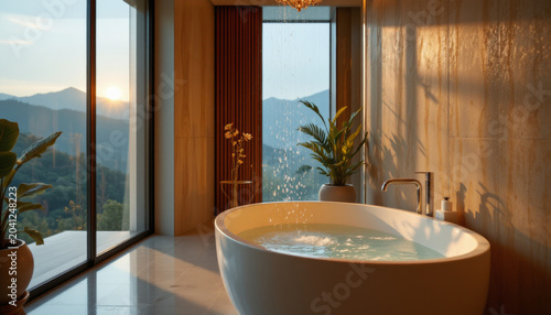 Modern bathroom with freestanding bathtub and large window showing mountain sunrise view, plants add natural warmth and calm