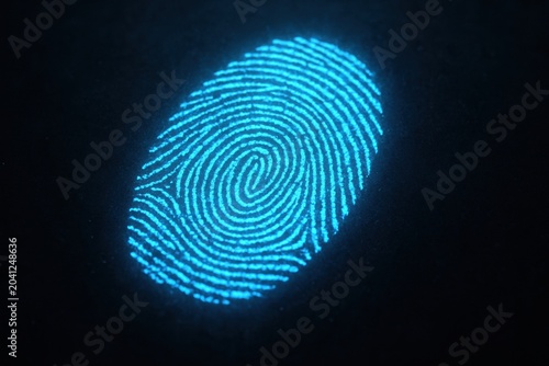 Vivid blue fingerprint glowing against dark background indicating identity and security in technology and forensic science