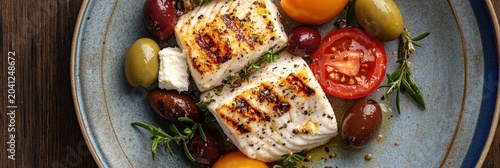 Grilled fish fillets served with assorted olives and fresh vegetables on a stylish plate in a cozy dining setting