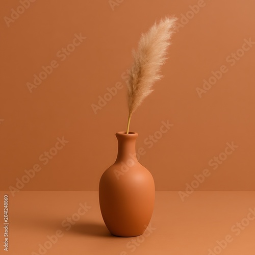 Matte terracotta ceramic vase with a single dried pampas grass stem