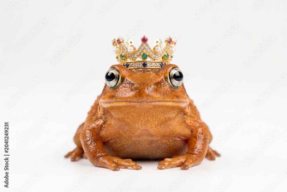 Naklejka premium Orange brown frog wearing a jeweled gold crown on white background