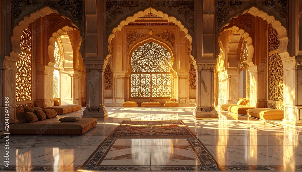 Obraz premium Opulent Mughal Marble Palace Interior at Golden Hour