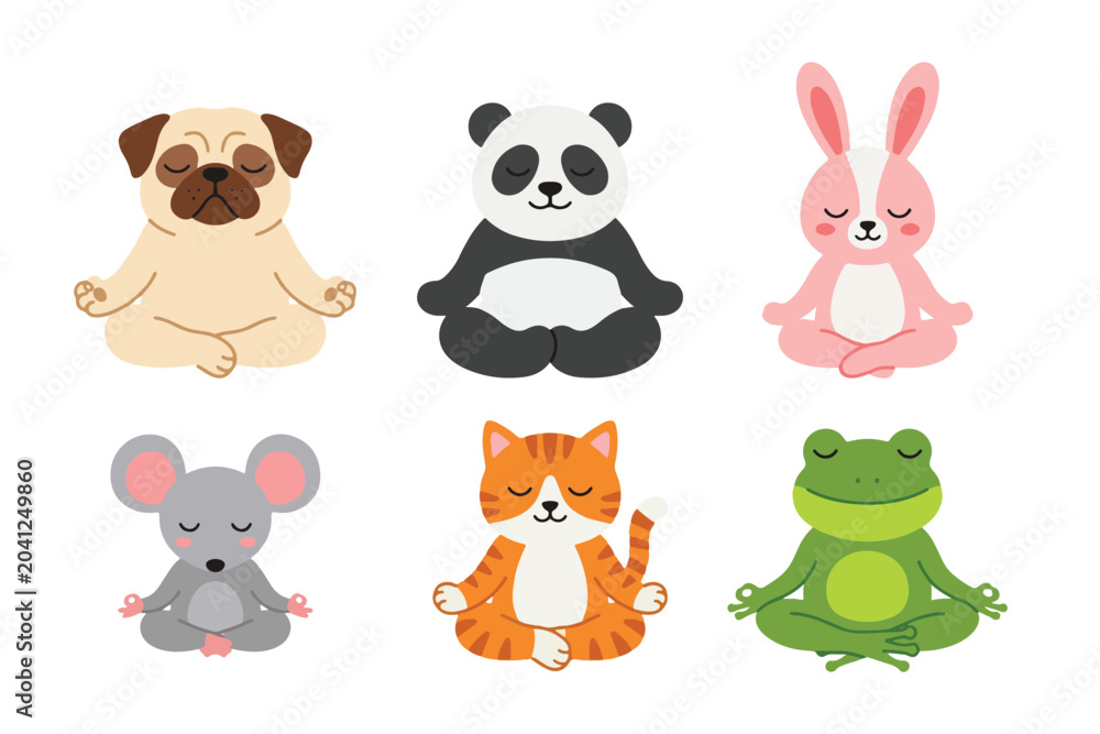 Fototapeta premium Cute meditating animals set yoga poses cartoon illustration collection