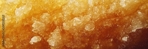 Natural coarse salt crystals having a rich amber hue with varying sizes reflecting light in a natural setting during the day