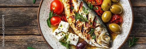 Grilled fish with fresh vegetables and olives served on a rustic plate at a cozy dining setting