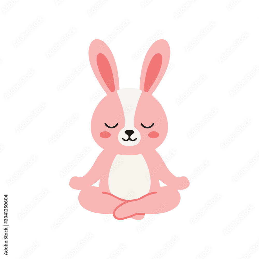 Fototapeta premium Cute pink rabbit meditating in lotus yoga pose cartoon illustration