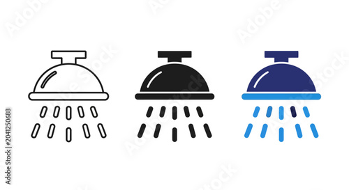 Foto Shower head icons in outline, solid black, and solid blue with water droplets fa