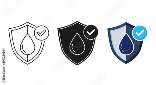 Vector illustration of a shield with a water drop and checkmark, symbolizing waterproof quality, liquid protection, or secure hydration for various applications