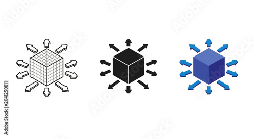 Bild auf Leinwand Dynamic isometric cube icon with arrows indicating outward movement, symbolizing