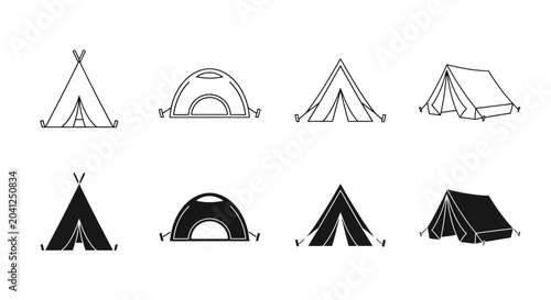 Bild auf Leinwand Collection of various camping tents, presented in outline and solid black styles