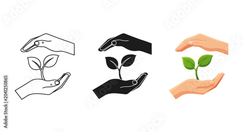 Картината върху платно Iconic illustration of cupped hands gently holding a small green plant, symbolizing growth, protection, and environmental sustainability