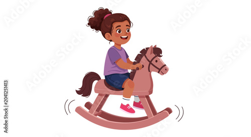 Billede på lærred Smiling little girl riding pink rocking horse toy, childhood fun concept, playti