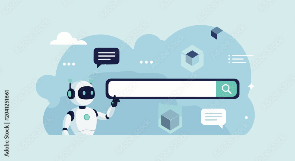 Fototapeta premium Flat vector illustration of an AI robot in a search engine bar. Innovative artificial intelligence bot technology answers questions with intelligent solutions.