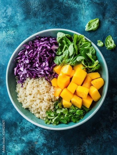 Vibrant quinoa salad with mango, purple cabbage, and fresh greens in a blue bowl on a textured background