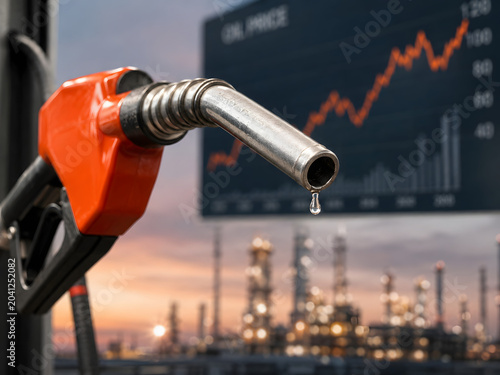 AI-created image of a gasoline fuel nozzle with a blurred oil price graph, representing petroleum market trends and global energy business growth.