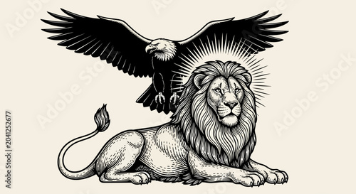 Photos Lion and eagle illustration, animal symbols, power concept, black and white