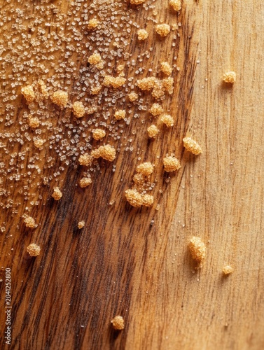 Brown sugar granules scattered on a wooden cutting board, highlighting texture and detail during a kitchen preparation scene