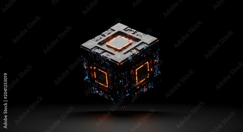 Obraz premium A futuristic, complex cube with glowing orange panels floats in darkness, representing advanced technology. Its intricate design hints at AI or data processing