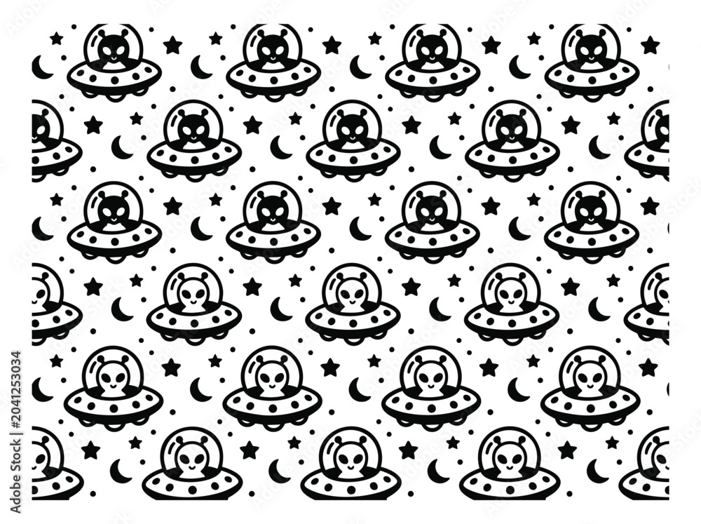 Obraz premium Cartoon seamless pattern featuring cute aliens in flying saucers with stars and moons for space themed design