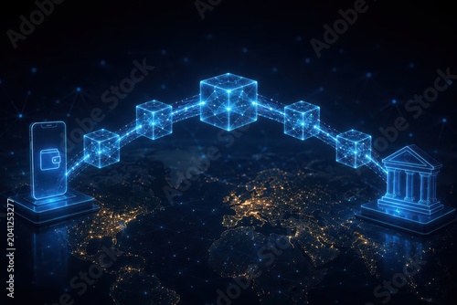 A digital blockchain network visualizing secure, decentralized transactions between a mobile wallet and a financial institution over a glowing world map.