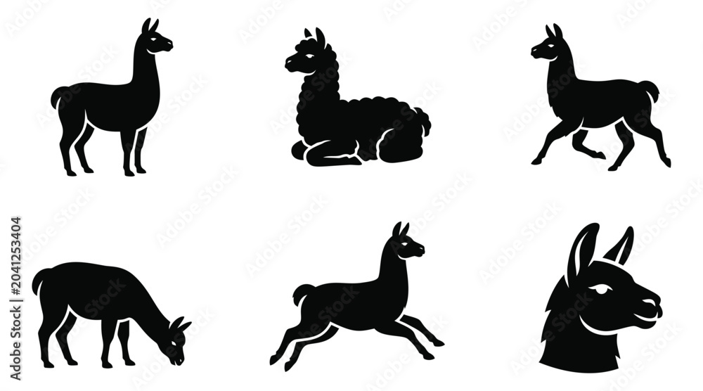 Fototapeta premium Silhouette icon set of 6 llamas featuring standing, resting, grazing, running and portrait poses for animal design
