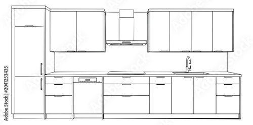 Line art illustration of modern kitchen interior depicting full wall cabinetry with sink cooktop and appliances for interior design