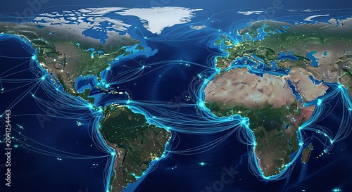 Global Network: World Map with Glowing Digital Connections and Ocean Cables