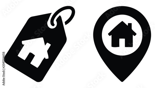 Photos house icons on tag and pin black and white icon symbol location property real es