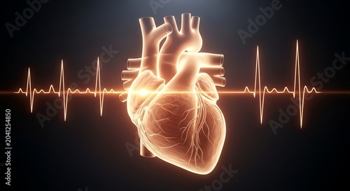 Glowing Human Heart with ECG Pulse Line - Medical Cardiology Concept