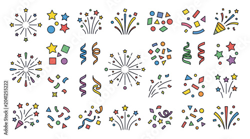 Colorful Confetti and Fireworks Icons Set