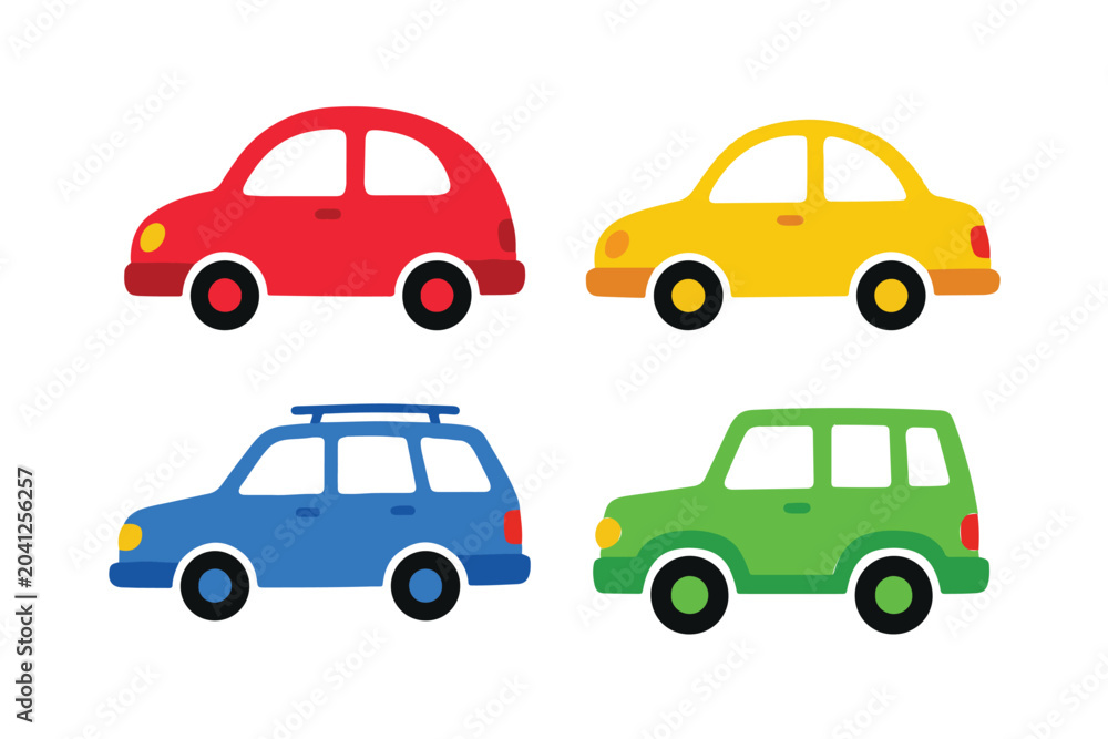 Fototapeta premium Cute cars and colorful vehicles vector illustration set