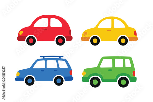 Cute cars and colorful vehicles vector illustration set