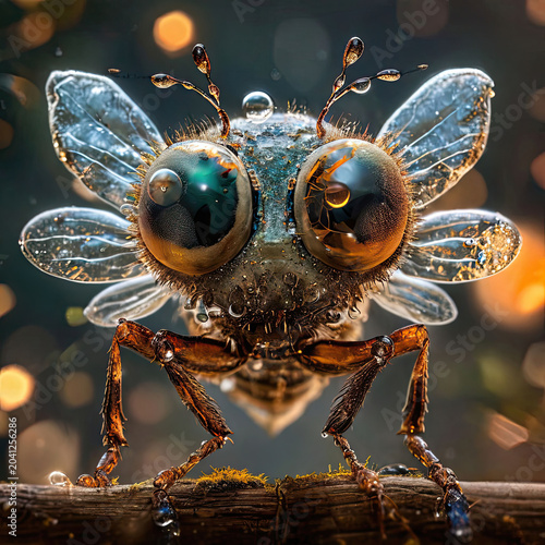 An angry, aggressive, fantastic insect with big eyes. Bokeh on the background.