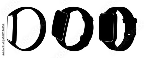 Solid black icon, white background: fitness wearable smartwatch set with simple line art design featuring line art, illustrations, graphic resources with vector and design elements
