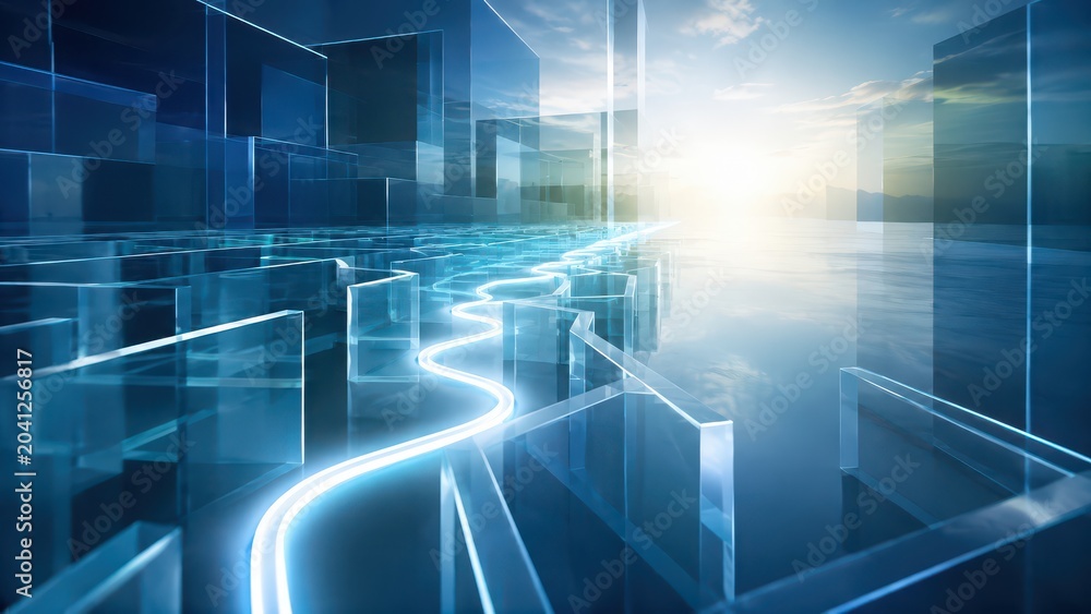 Fototapeta premium A futuristic digital cityscape with glowing neon pathways and transparent glass-like buildings under a bright sky.