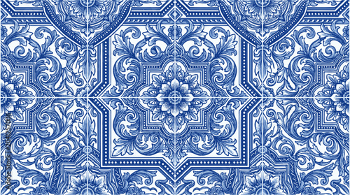 Intricate blue and white tile mosaic featuring geometric floral arabesque patterns in a decorative architectural panel.
