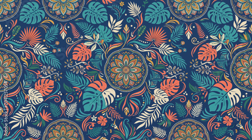 Valokuva Intricate blue mandala floral seamless pattern with ornate circular motifs and decorative textures