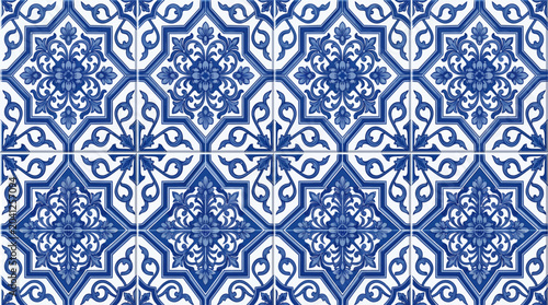 Foto Intricate blue and white geometric tile pattern with repeating ornate motifs suitable for graphic design and textile inspiration