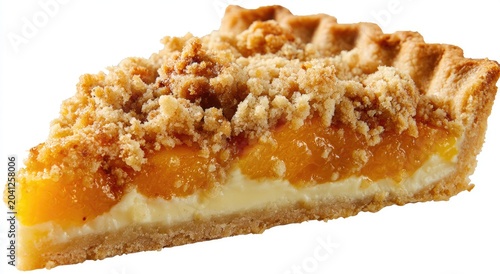 Delicious Slice of Peach Crumble Pie with Creamy Filling.