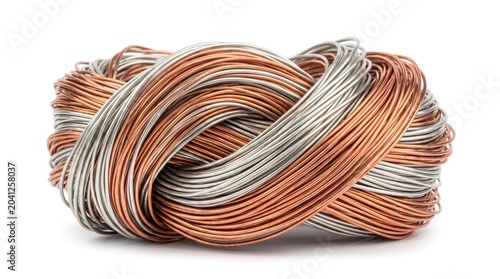Coiled copper and silver metal wires tied in a knot isolated on white background