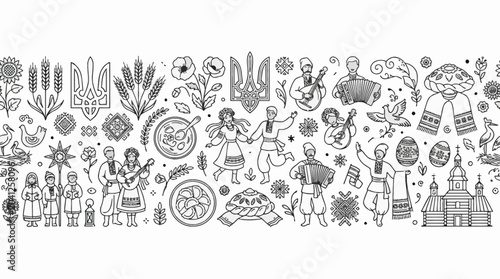 Fotografía Ukrainian cultural symbols doodle set with traditional costumes and folk elements